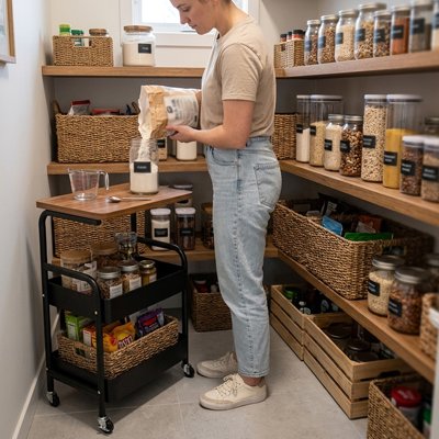 Desserte a roulette femme dans garde-manger range nourriture dans boîte alimentaire