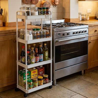 Desserte a roulettes très pratique près du plan de travail cuisine